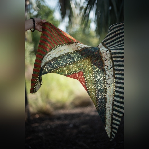 Shawl Large Striped Lace Green Red Yellow Hand Knit Wrap - Picture 15 of 15